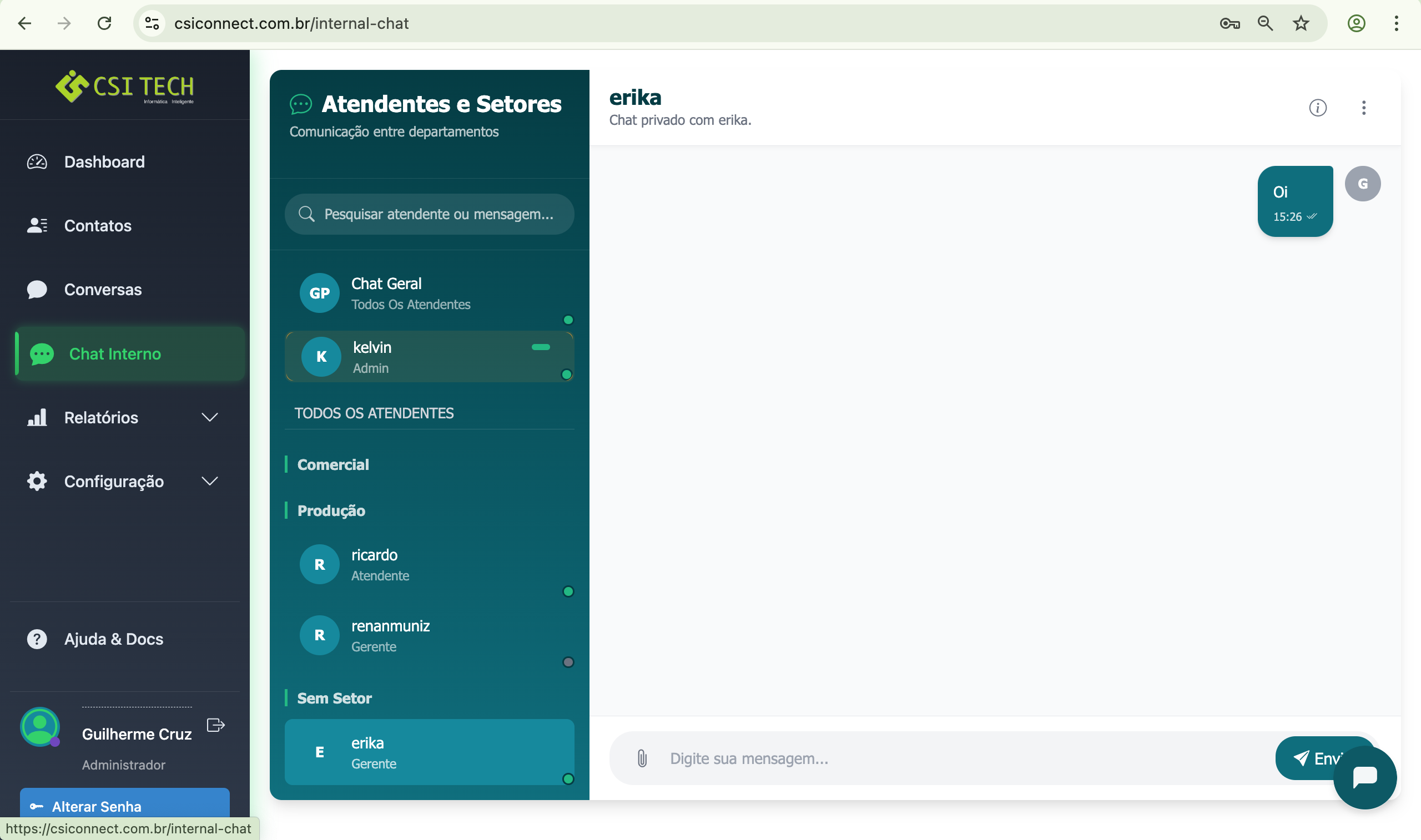 Tela do Chat Interno entre setores
