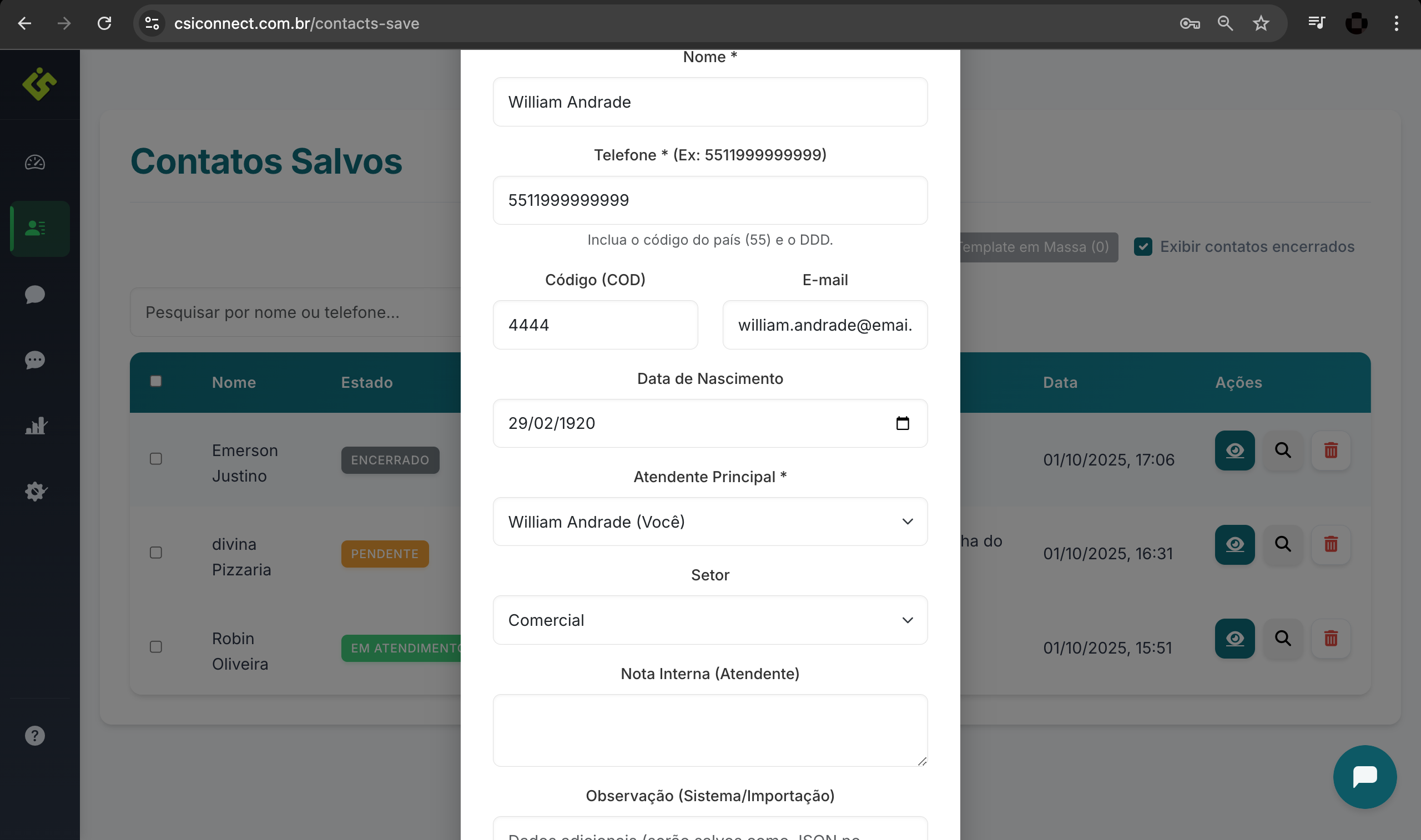Formulário de Novo Contato