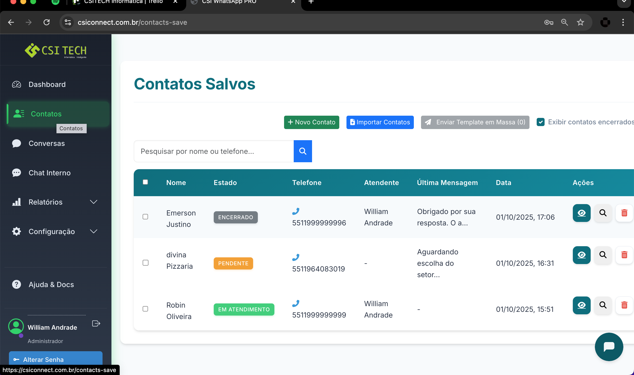 Tela de Contatos Salvos