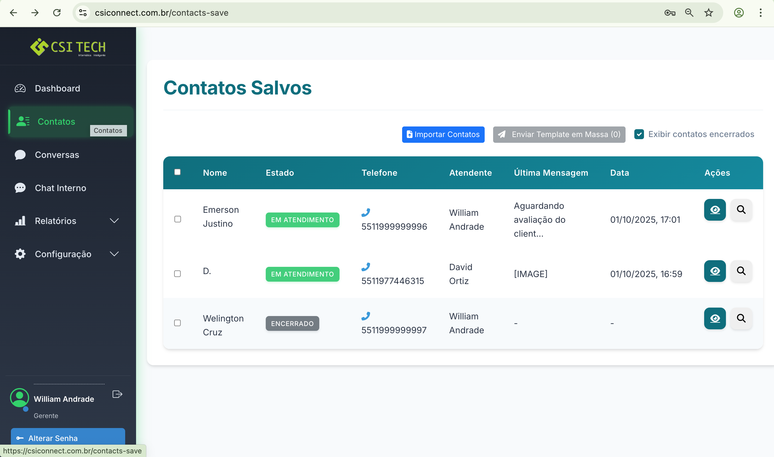 Tela de Contatos com funcionalidade de Envio em Massa