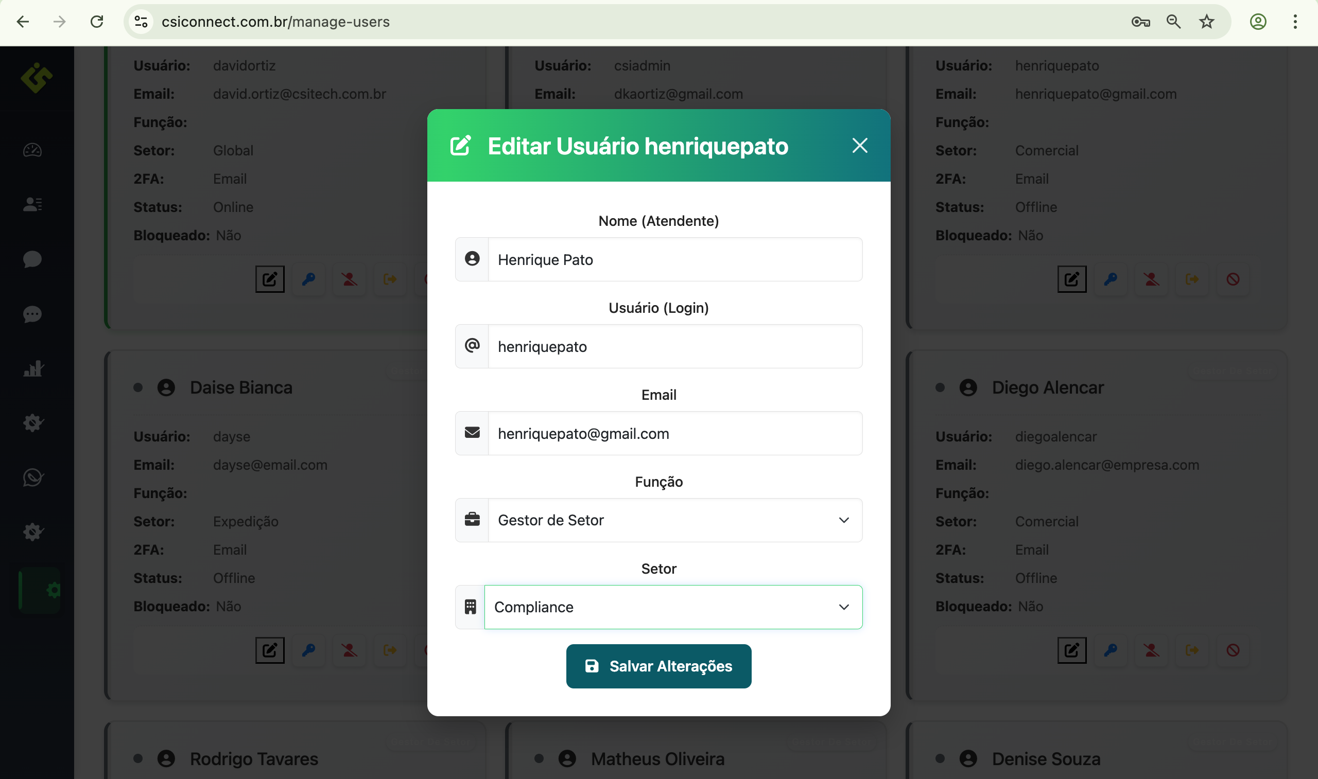Modal de Edição de Usuário - Definindo Gestor de Setor