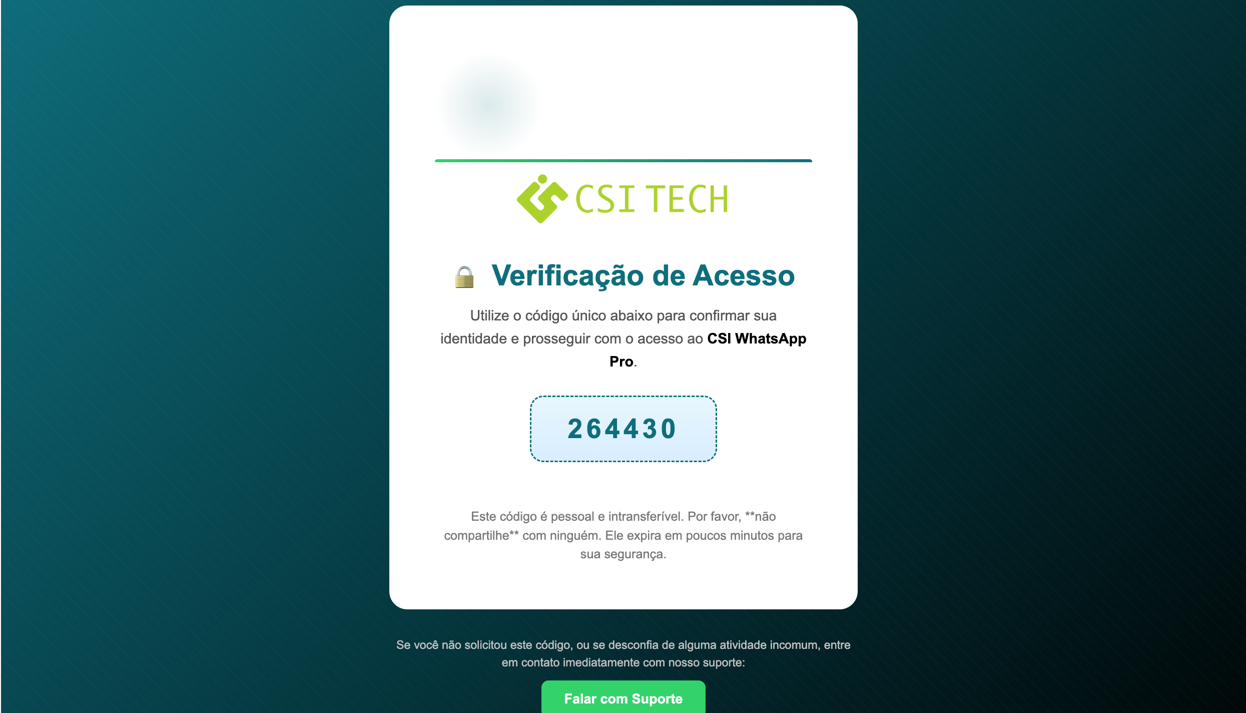 Exemplo do e‑mail com o código de 6 dígitos
