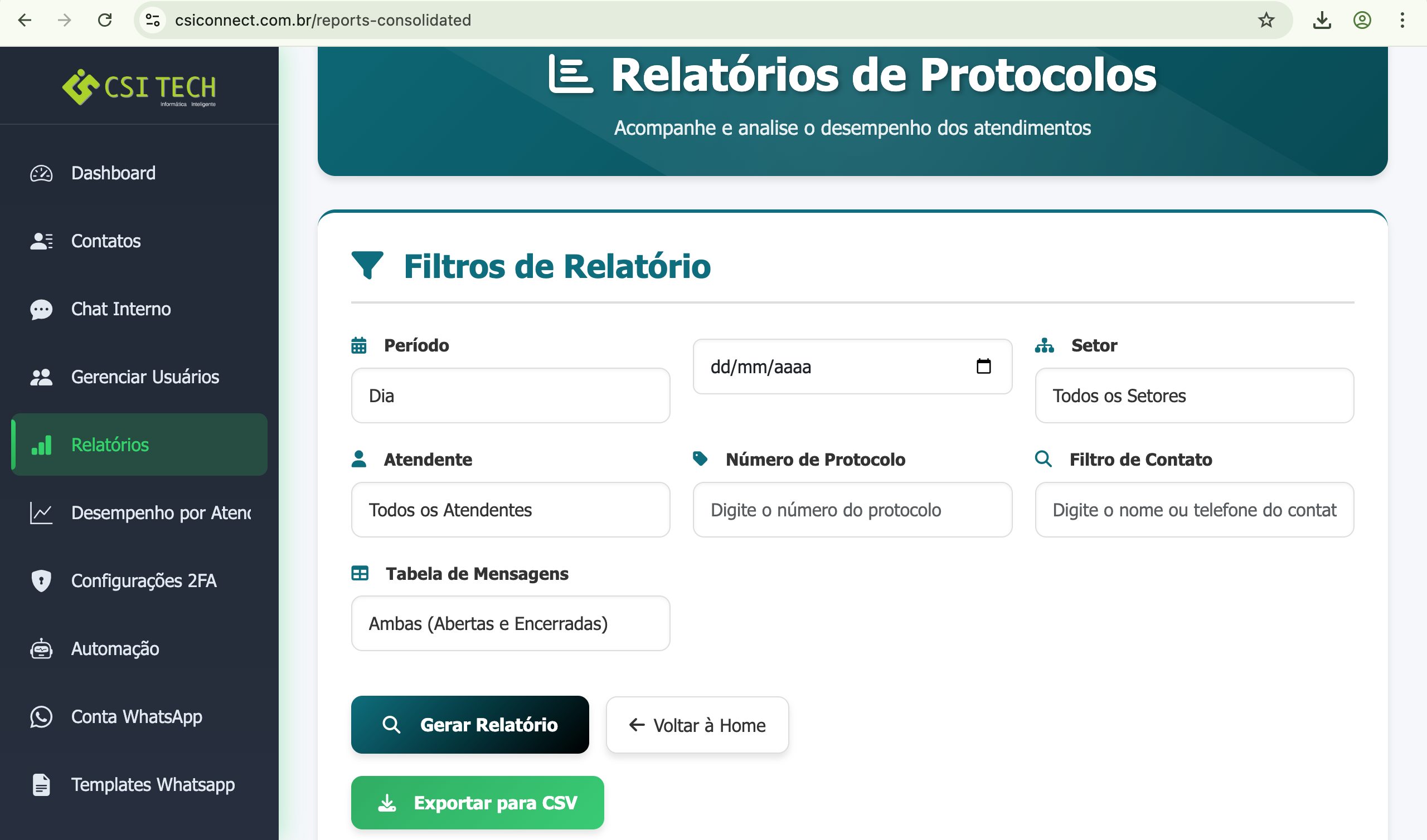 Tela de Relatórios de Protocolos