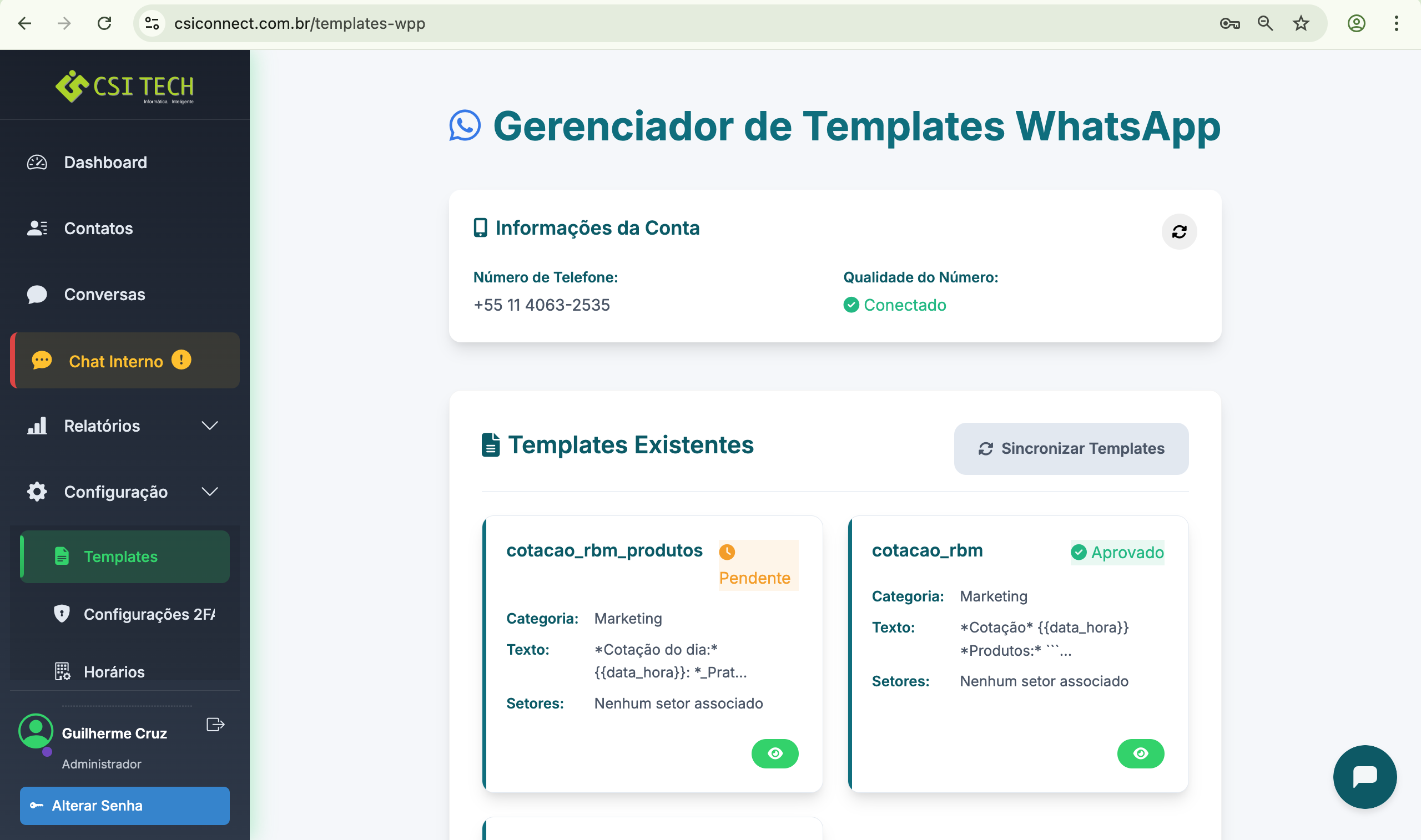 Tela de Gerenciamento de Templates WhatsApp