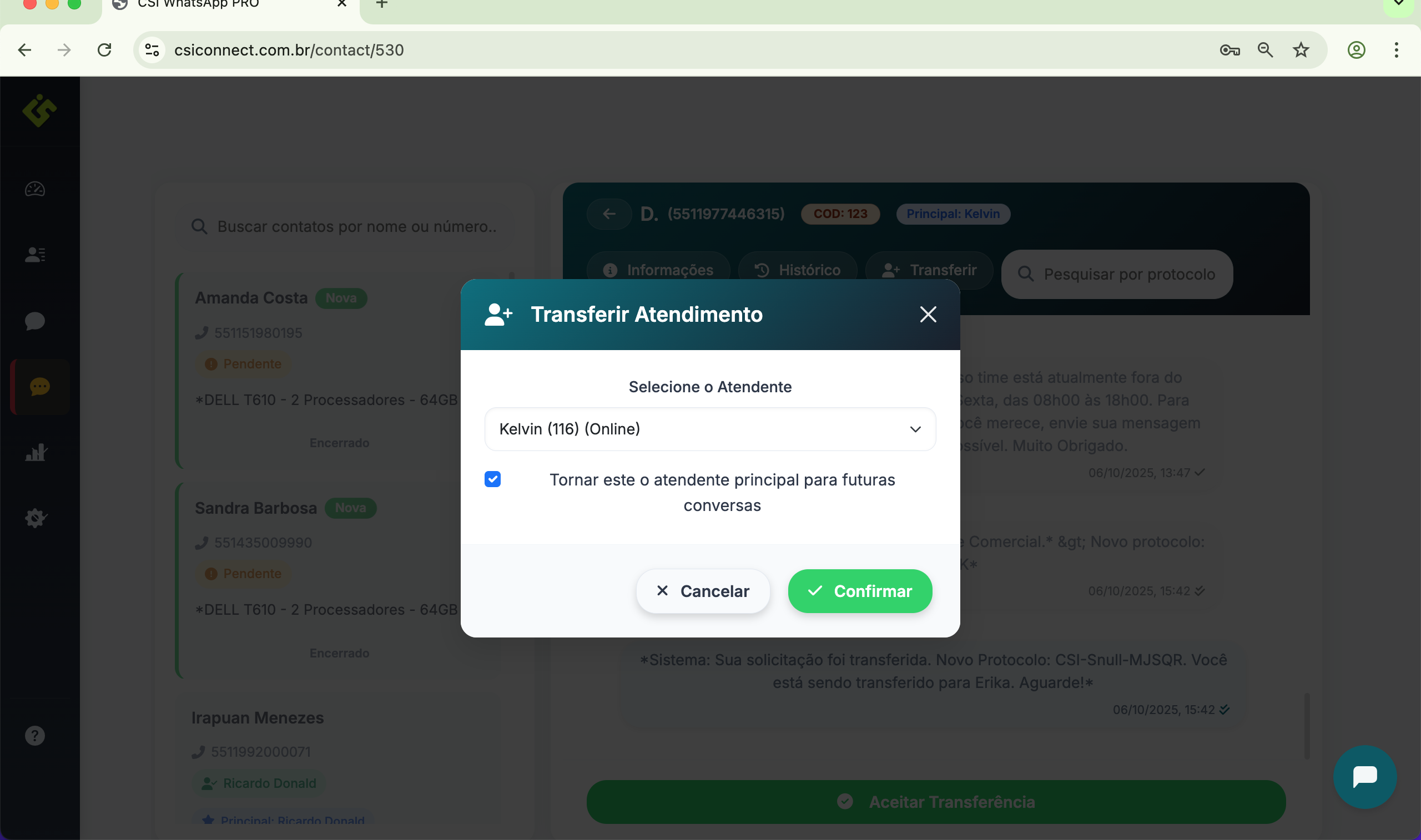 Tela de seleção do atendente para transferência