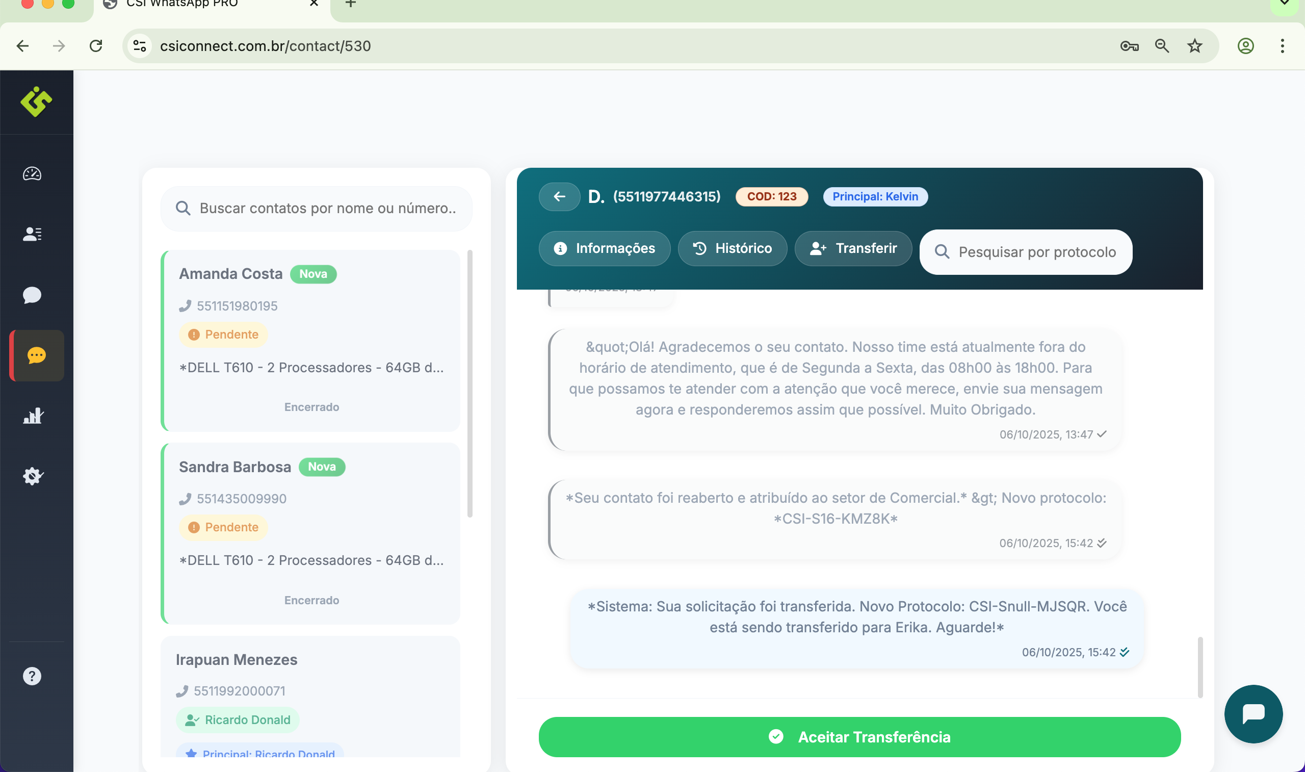 Localização do botão Transferir Conversa